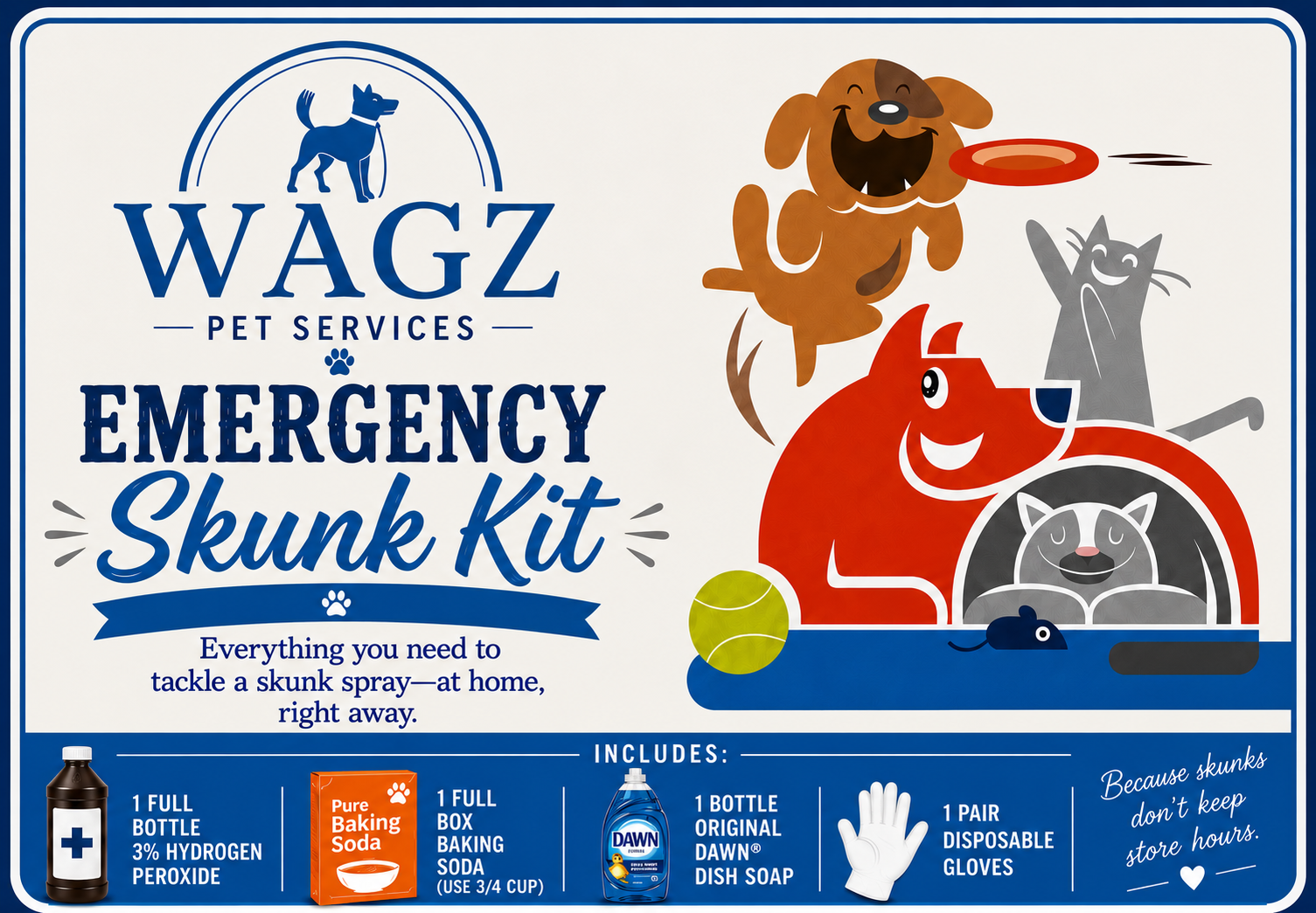 Emergency Skunk Kit including 3% hydrogen peroxide, baking soda, original Dawn dish soap, and disposable gloves